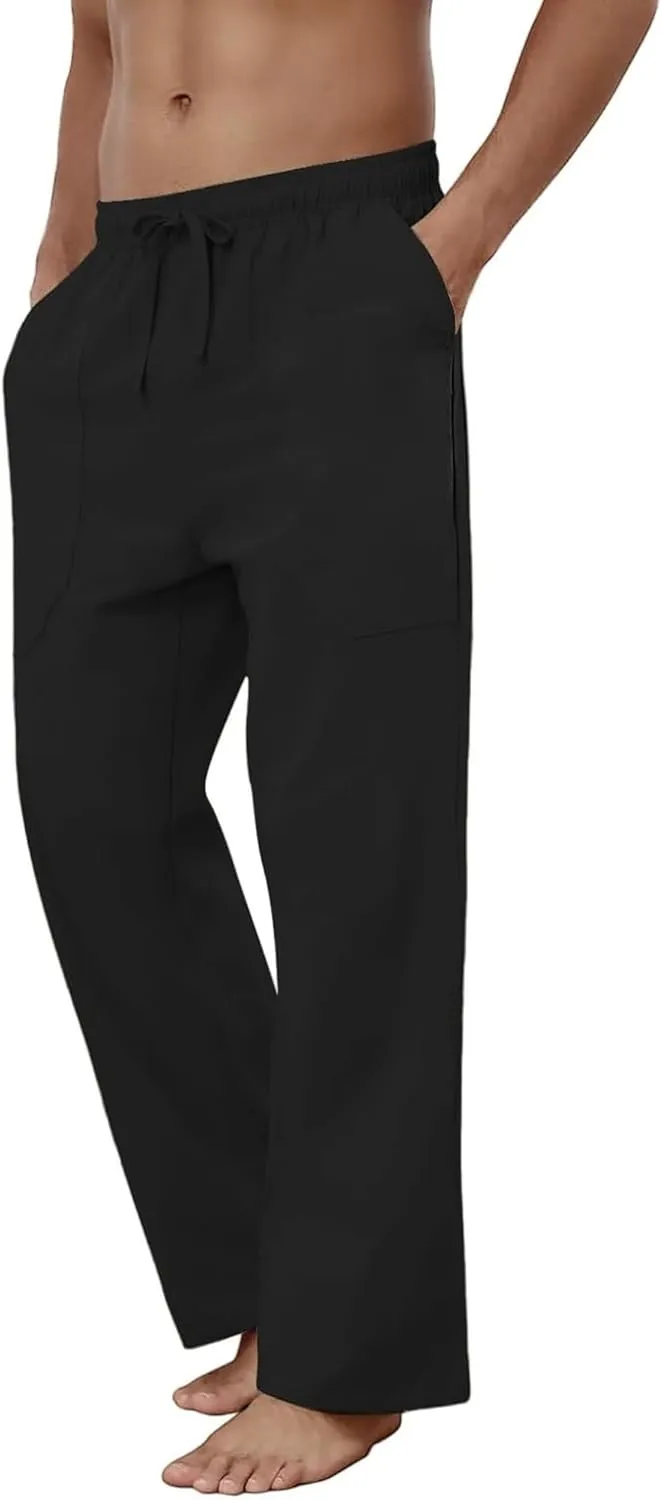 JEShifangjiusu Men Casual Elastic Drawstring Waist Summer Beach Pants Cotton Linen Pants Loose Yoga Trousers with Pockets