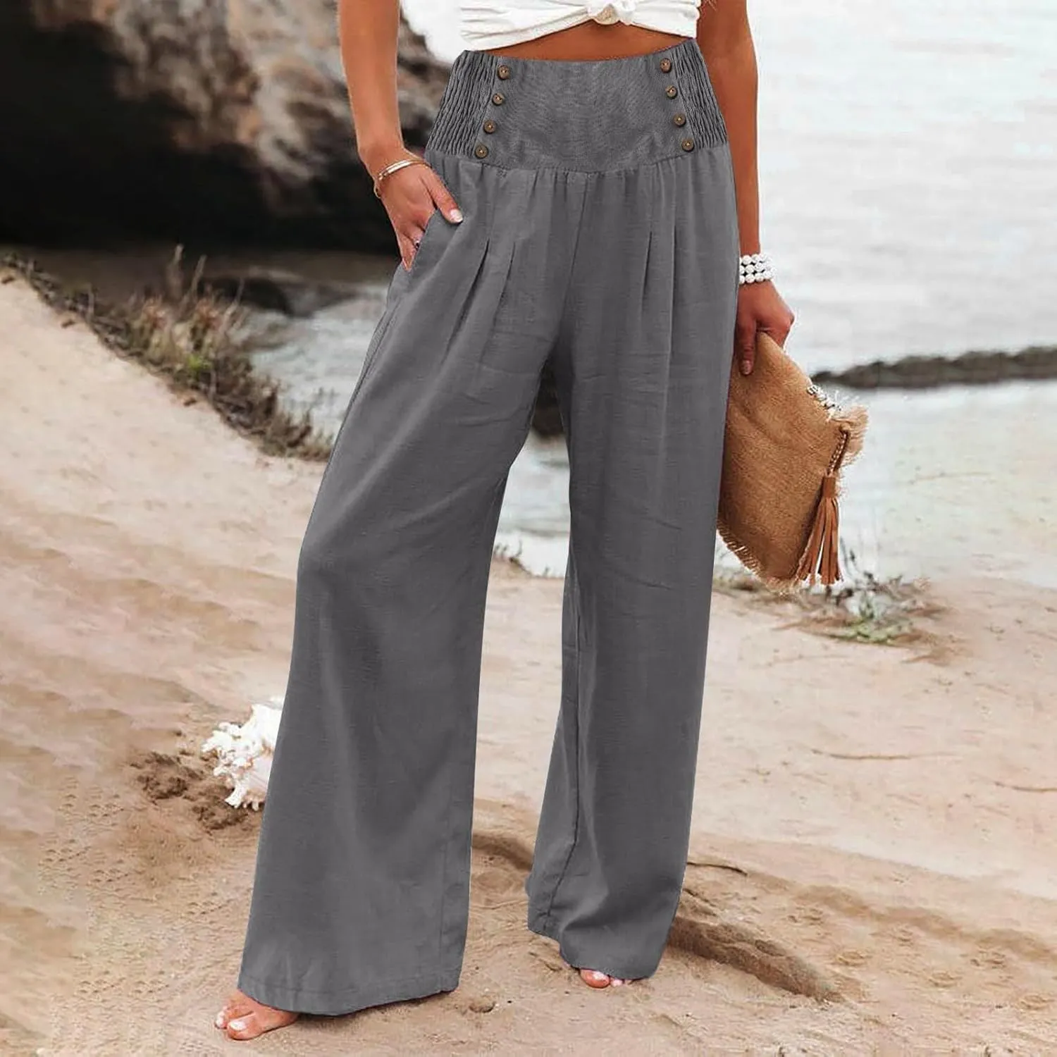 JiXiang Linen Pants for Women Trendy High Waisted Wide Leg Loose Fit Palazzo Pants Casual Yoga Sport Long Trouses with Pocket