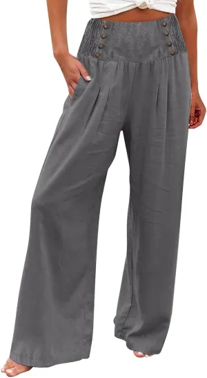 JiXiang Linen Pants for Women Trendy High Waisted Wide Leg Loose Fit Palazzo Pants Casual Yoga Sport Long Trouses with Pocket
