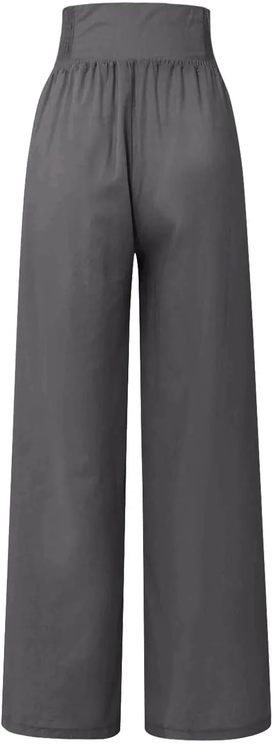 JiXiang Linen Pants for Women Trendy High Waisted Wide Leg Loose Fit Palazzo Pants Casual Yoga Sport Long Trouses with Pocket
