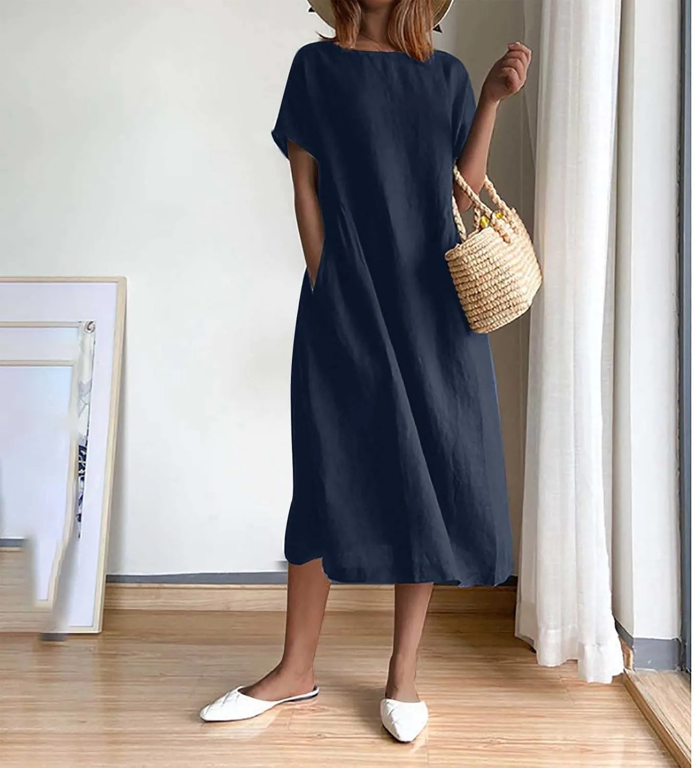 JOAU Women's Summer Cotton Linen Dress, Solid O-Neck Midi Dress with Pocket Short Sleevele Casual Loose Shift Dress
