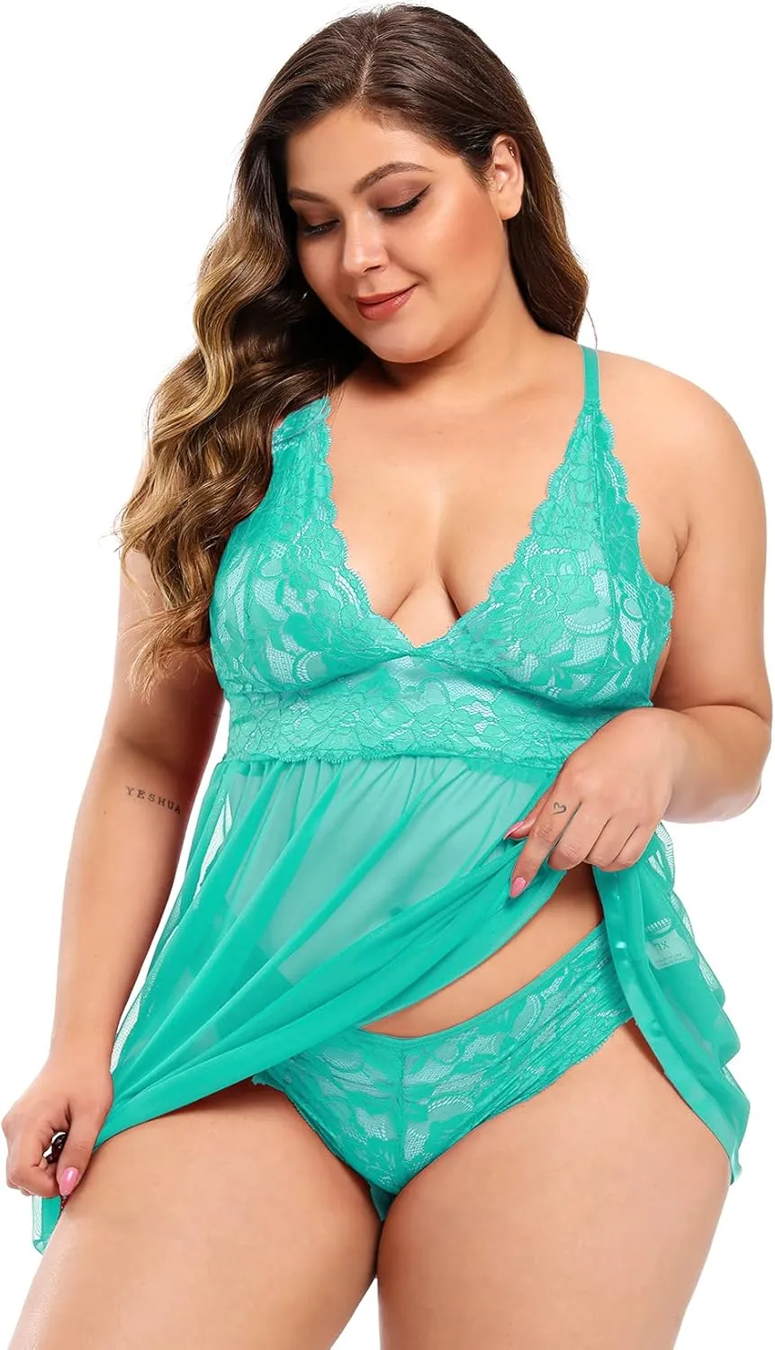 JuicyRose Open Back Lingerie Lace Babydoll Sleepwear Plus Size