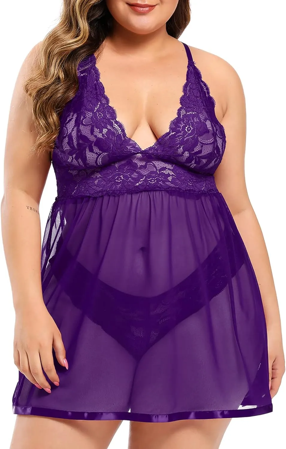 JuicyRose Open Back Lingerie Lace Babydoll Sleepwear Plus Size