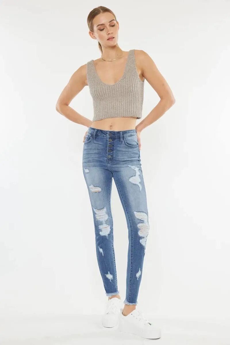 Kan Can USA Victoria High-Rise Exposed Button Wash Skinny Jeans - kc7113