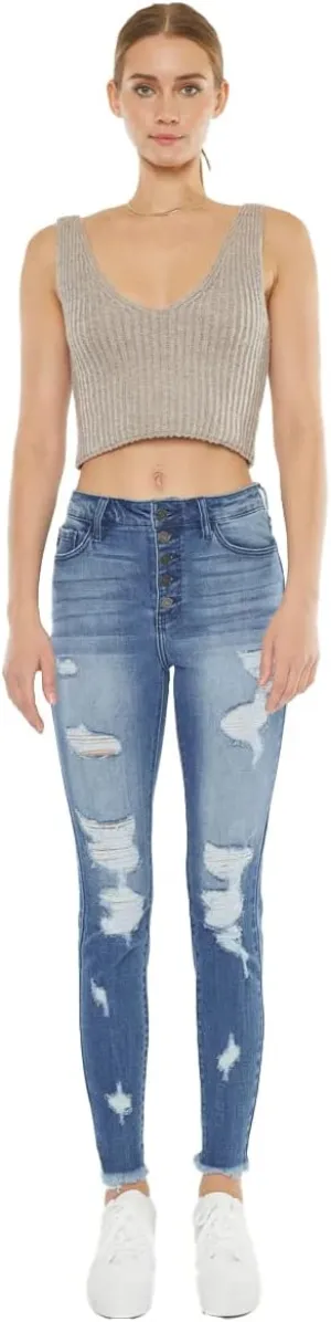 Kan Can USA Victoria High-Rise Exposed Button Wash Skinny Jeans - kc7113