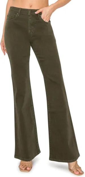 KHAKI & BLUE Women's The Everyday Garment-Dyed Flare Jeans – Soft Stretchy High Rise Comfy Casual Pants