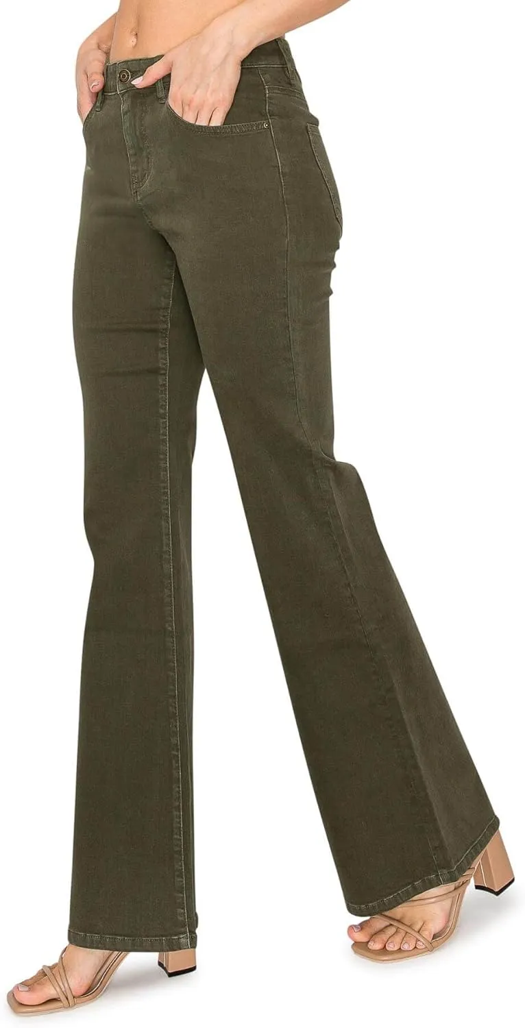 KHAKI & BLUE Women's The Everyday Garment-Dyed Flare Jeans – Soft Stretchy High Rise Comfy Casual Pants