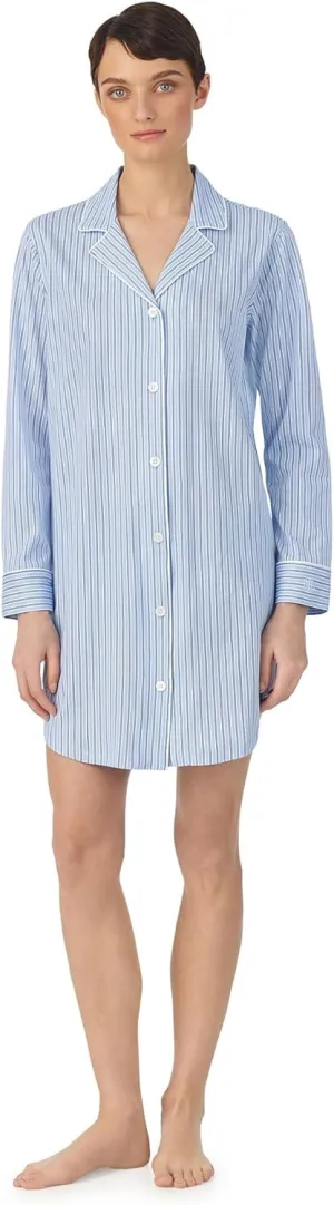 Lauren Ralph Lauren Organic Cotton Long Sleeve Notch Collar Sleepshirt Blue Stripe LG (US 12-14)