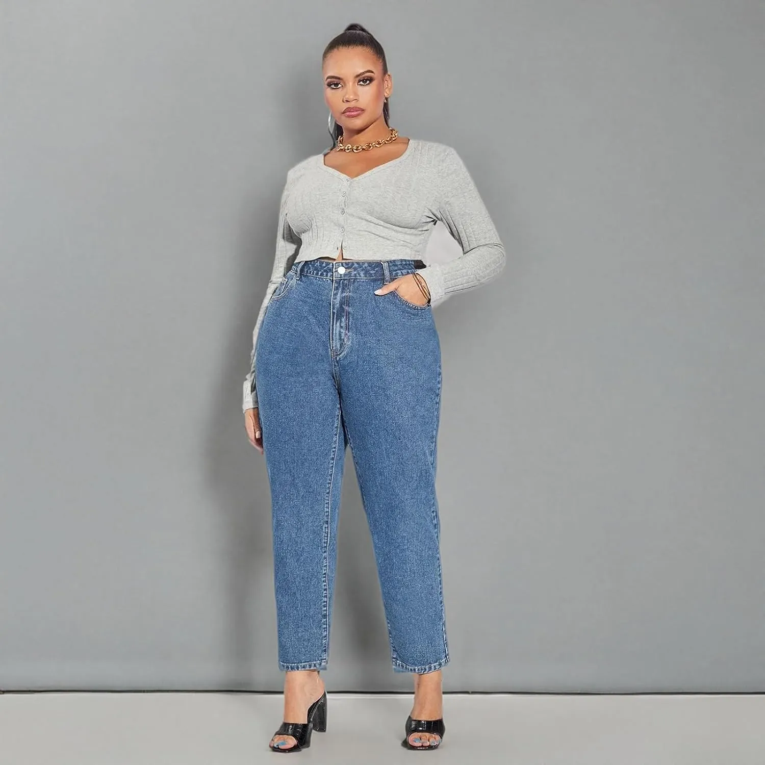 LEIJIJEANS Plus Size Women for Jeans Straight Fitting High Stretchy Jeans Highwaist Light Blue Full Length Mom Pants