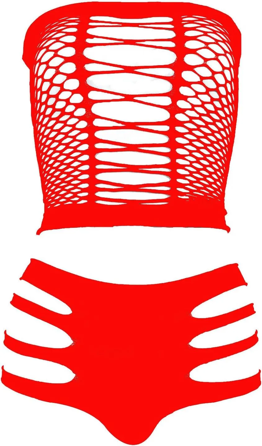 LEMON GIRL Women's Lingerie Fishnet BabyDoll Bodysuit Mini Dress Set One Size