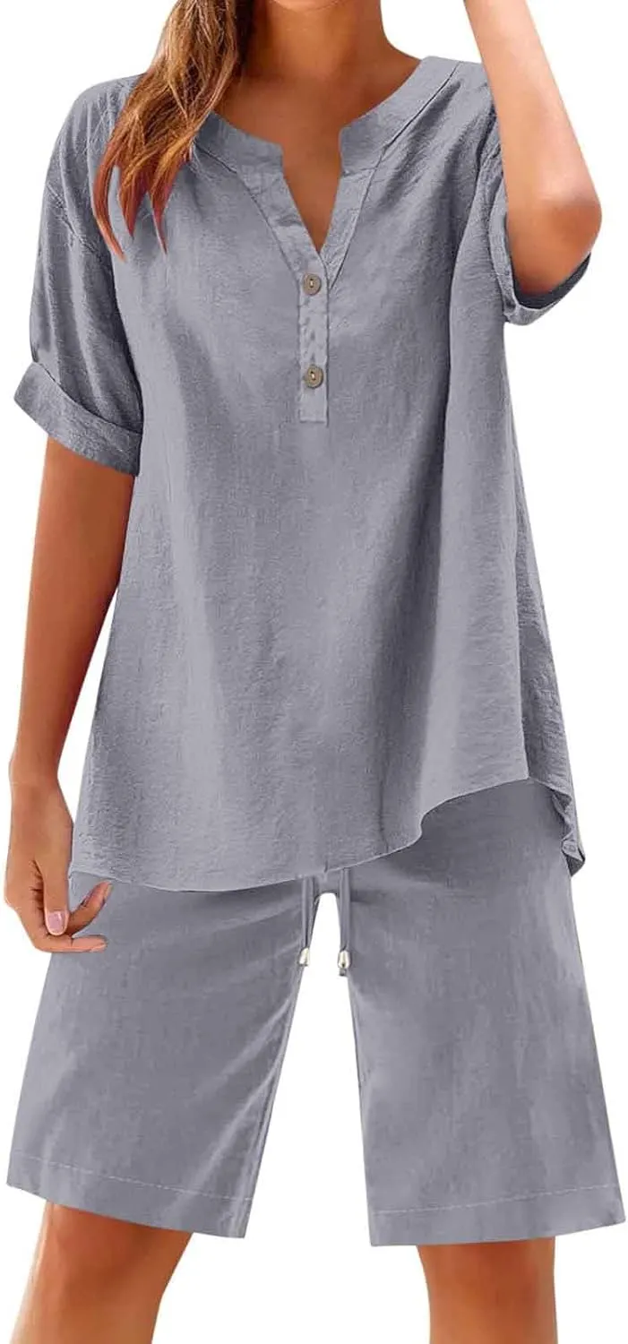 Linen Set for Women 2 Piece Summer Outfits Plus Size Short Sleeve Graphic Tees Short Pants Lounge Matching Sets
