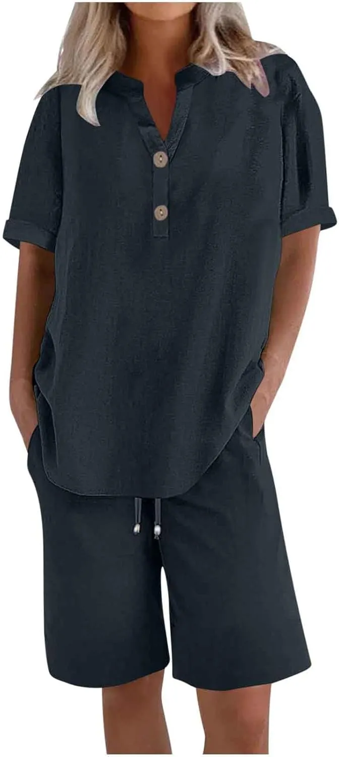 Linen Set for Women 2 Piece Summer Outfits Plus Size Short Sleeve Graphic Tees Short Pants Lounge Matching Sets