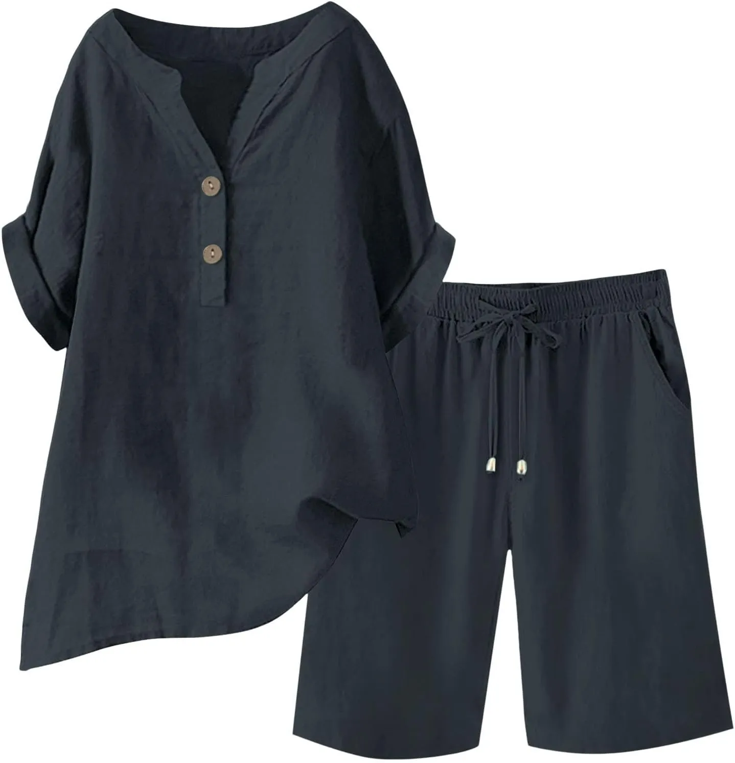 Linen Set for Women 2 Piece Summer Outfits Plus Size Short Sleeve Graphic Tees Short Pants Lounge Matching Sets