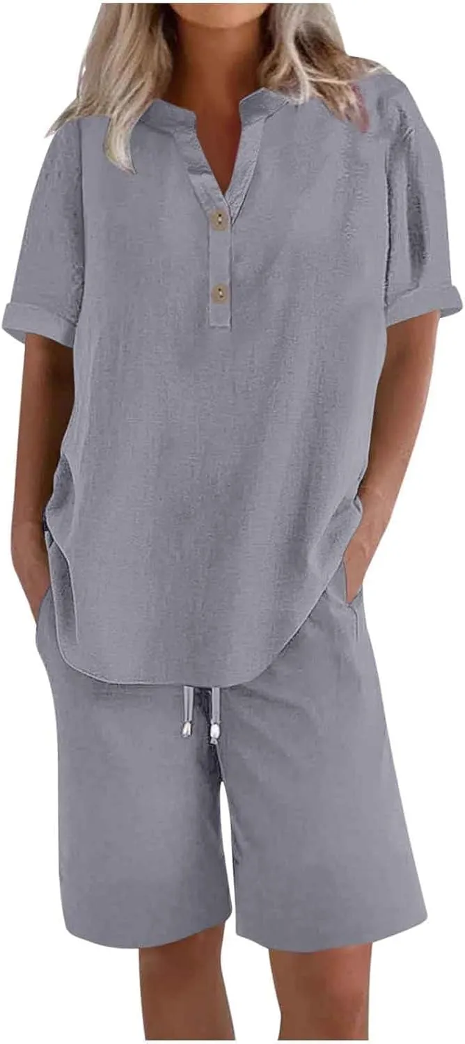Linen Set for Women 2 Piece Summer Outfits Plus Size Short Sleeve Graphic Tees Short Pants Lounge Matching Sets