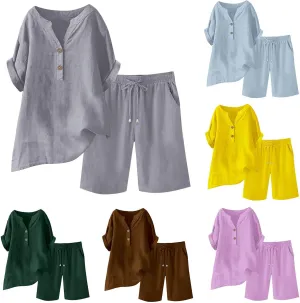 Linen Set for Women 2 Piece Summer Outfits Plus Size Short Sleeve Graphic Tees Short Pants Lounge Matching Sets