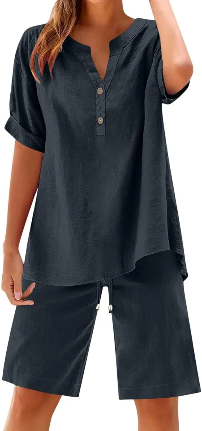 Linen Set for Women 2 Piece Summer Outfits Plus Size Short Sleeve Graphic Tees Short Pants Lounge Matching Sets