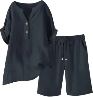 Linen Set for Women 2 Piece Summer Outfits Plus Size Short Sleeve Graphic Tees Short Pants Lounge Matching Sets
