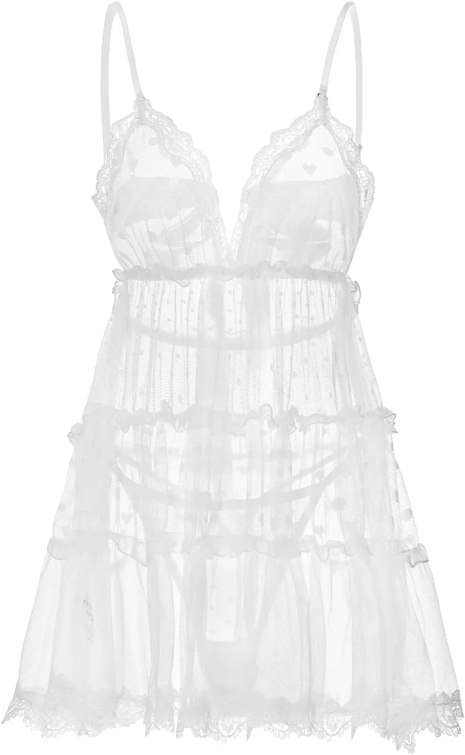 Littleforbig Women lace babydoll Chemise Halter V Neck Sleepwear and Thong Lingerie Set - Romantic