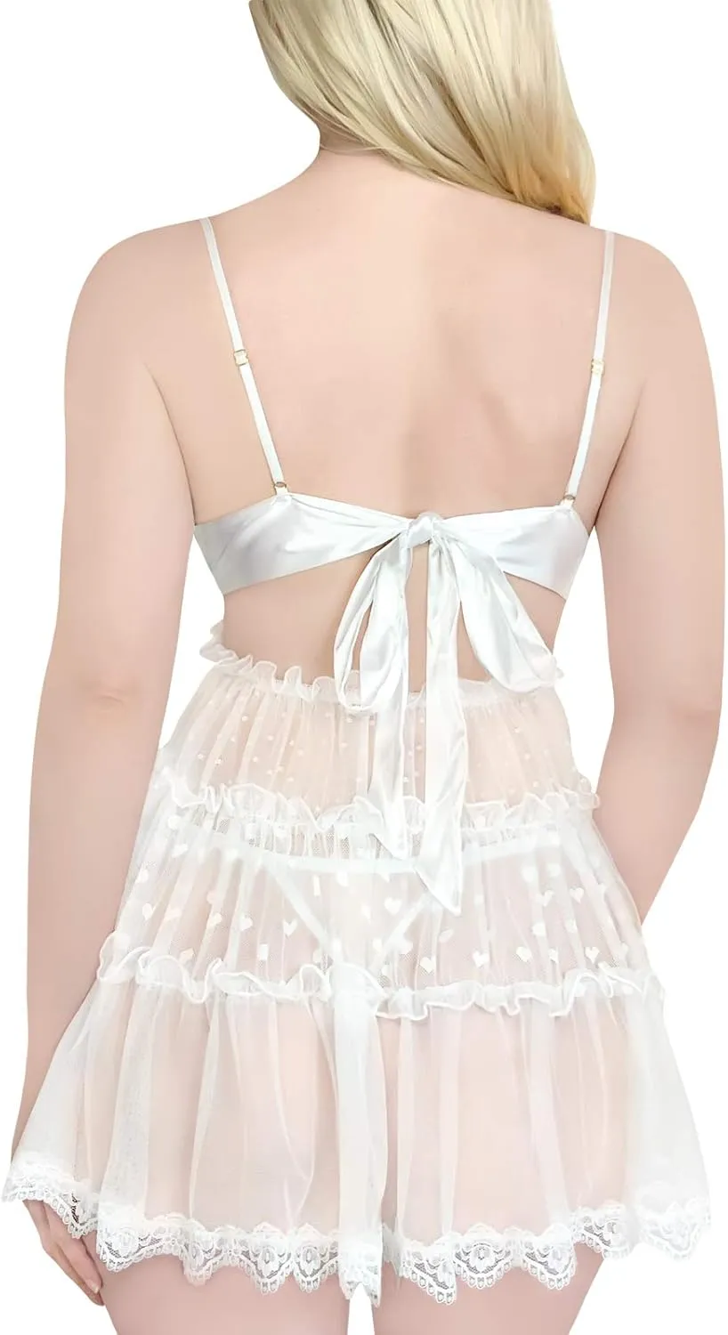 Littleforbig Women lace babydoll Chemise Halter V Neck Sleepwear and Thong Lingerie Set - Romantic