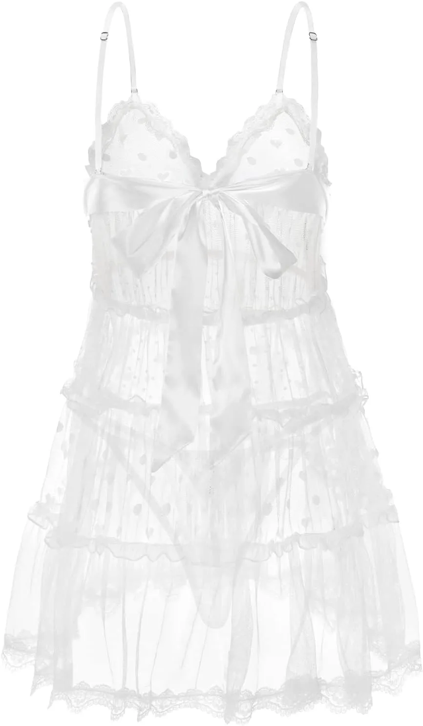 Littleforbig Women lace babydoll Chemise Halter V Neck Sleepwear and Thong Lingerie Set - Romantic