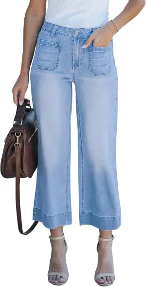 LONGBIDA Wide Leg Jeans for Women Trendy High Waisted Straight Leg Jean Stretch Denim Capri Pants(Light Blue,XL)