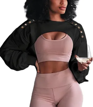 LovelyWholesale Women Crewneck Long Sleeve Crop Top Workout Gym Casual Cut out Loose Cropped Sweatshirt