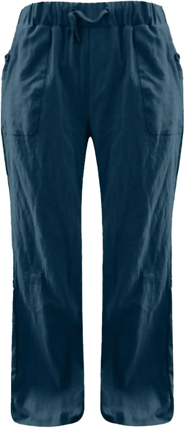 Low Rise Petite Linen Pants for Women Drawstring Elastic Waist Y2K Casual Flared Trouser Summer Loungewear Yoga Pants