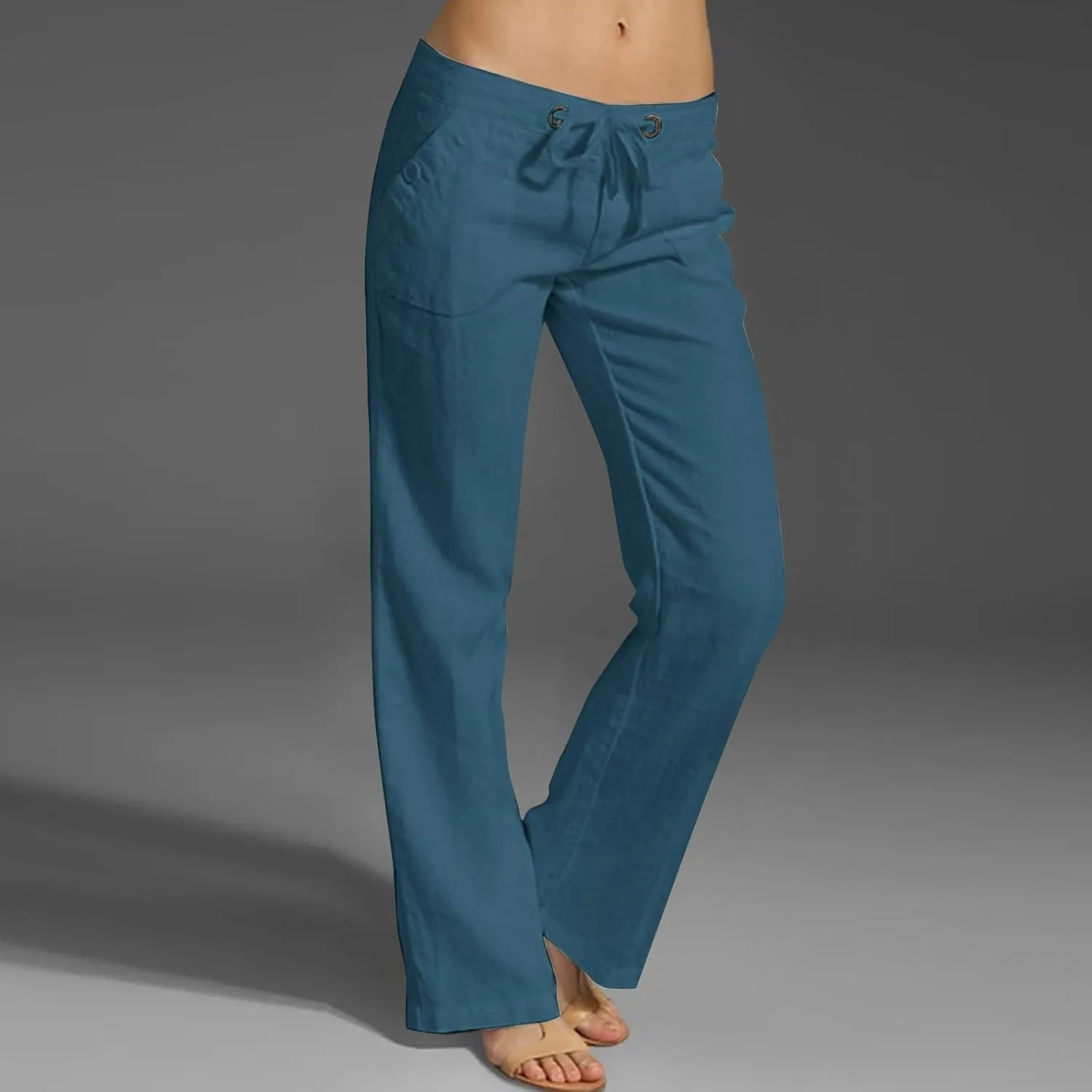 Low Rise Petite Linen Pants for Women Drawstring Elastic Waist Y2K Casual Flared Trouser Summer Loungewear Yoga Pants