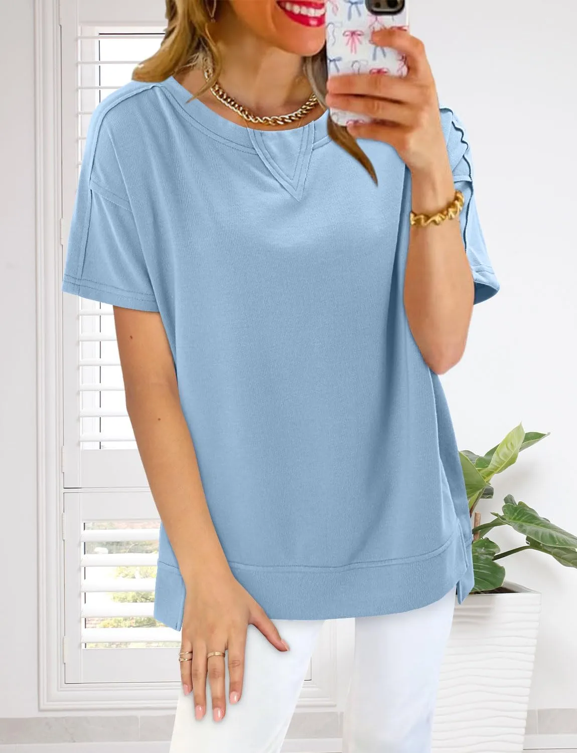 Magritta Womens Plus Size Tops Basic Clothes 2025 Side Slits Tshirts Workout Casual Outfits Short Sleeve Loungewear
