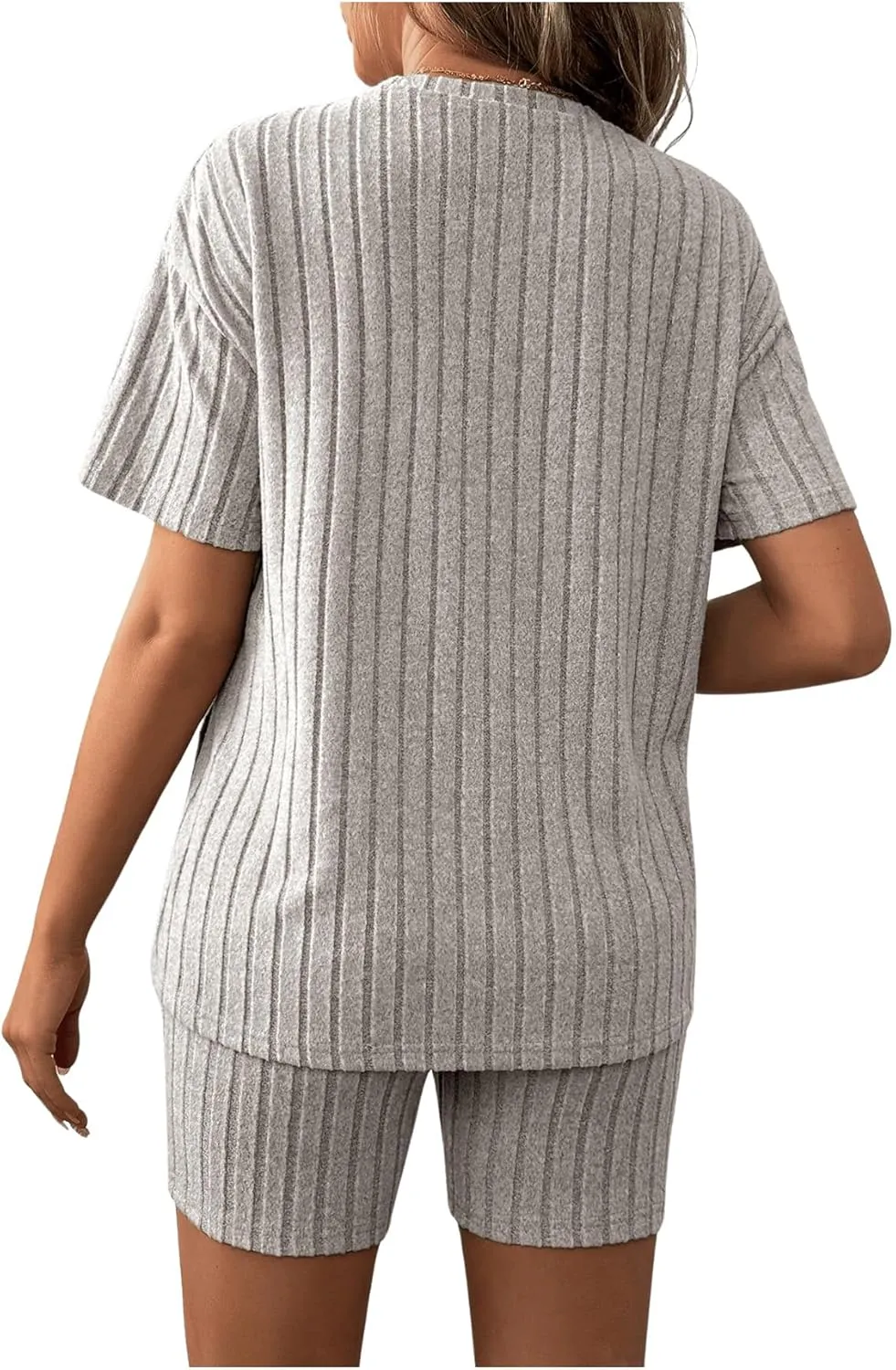 MakeMeChic Women's Maternity Pajamas 2 Piece Lounge Set Ribbed Knit T Shirt Biker Shorts Sleepwear Tracksuit