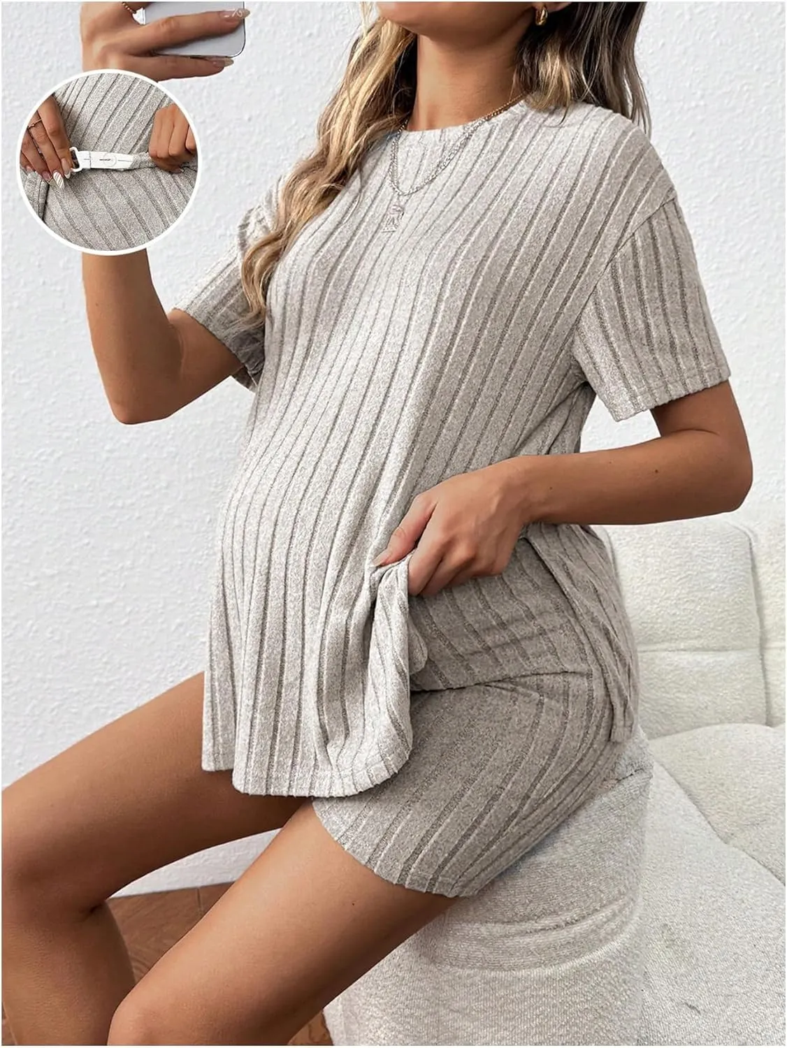 MakeMeChic Women's Maternity Pajamas 2 Piece Lounge Set Ribbed Knit T Shirt Biker Shorts Sleepwear Tracksuit