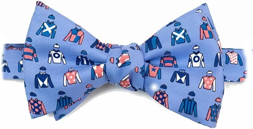 Men's 100% Silk Light Blue Horse Racing Derby Day Novelty Self Tie Bow Tie