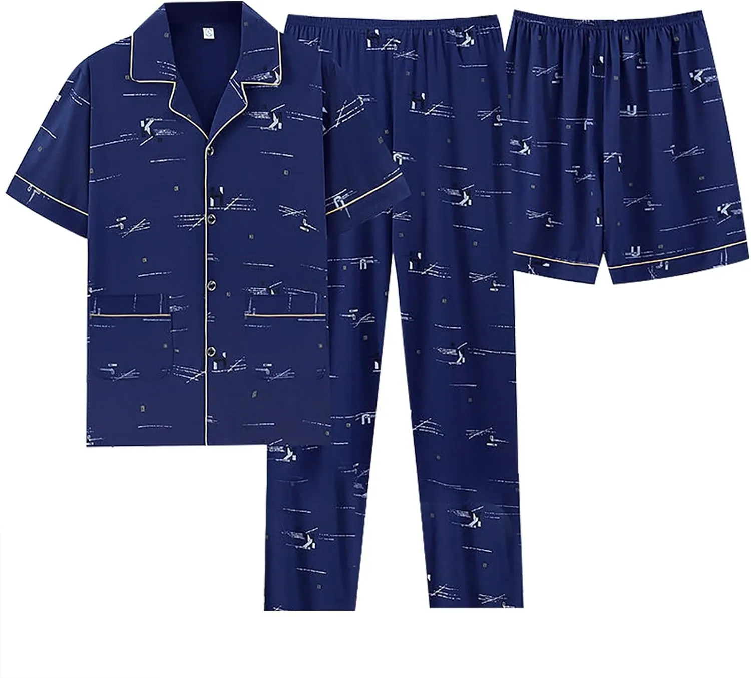 Mens 3pcs Cotton Pajamas Set Button Down Short Sleeve Sleepwear with Shorts and Long Pants Pjs Classic Loungewear