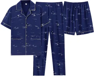 Mens 3pcs Cotton Pajamas Set Button Down Short Sleeve Sleepwear with Shorts and Long Pants Pjs Classic Loungewear