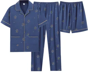 Mens 3pcs Cotton Pajamas Set Button Down Short Sleeve Sleepwear with Shorts and Long Pants Pjs Classic Loungewear