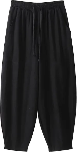Men's Baggy Harem Pants Wide Leg Casual Pant Summer Linen Drawstring Trousers with Pockets