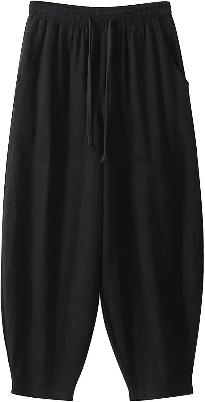 Men's Baggy Harem Pants Wide Leg Casual Pant Summer Linen Drawstring Trousers with Pockets