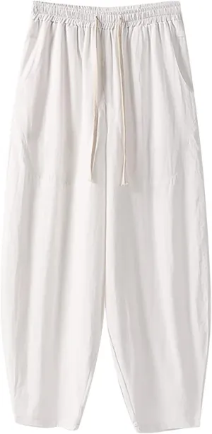 Men's Baggy Harem Pants Wide Leg Casual Pant Summer Linen Drawstring Trousers with Pockets