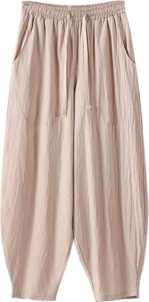 Men's Baggy Harem Pants Wide Leg Casual Pant Summer Linen Drawstring Trousers with Pockets