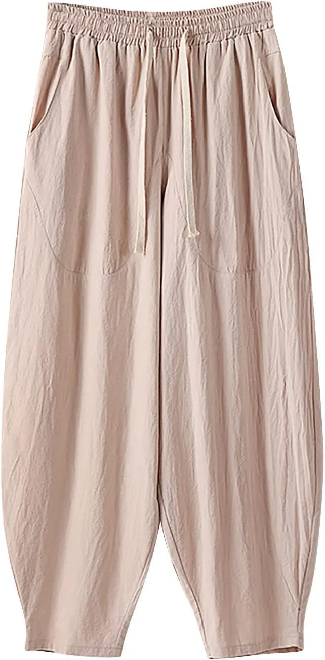 Men's Baggy Harem Pants Wide Leg Casual Pant Summer Linen Drawstring Trousers with Pockets