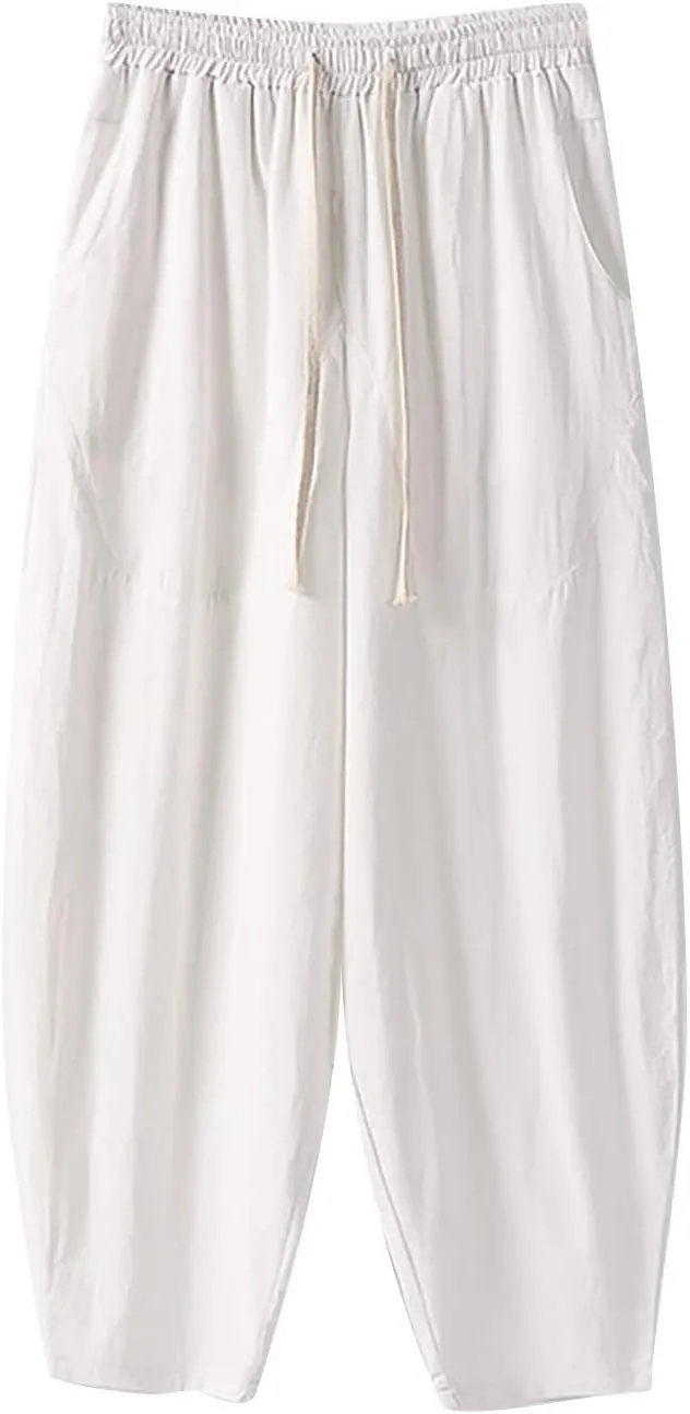 Men's Baggy Harem Pants Wide Leg Casual Pant Summer Linen Drawstring Trousers with Pockets