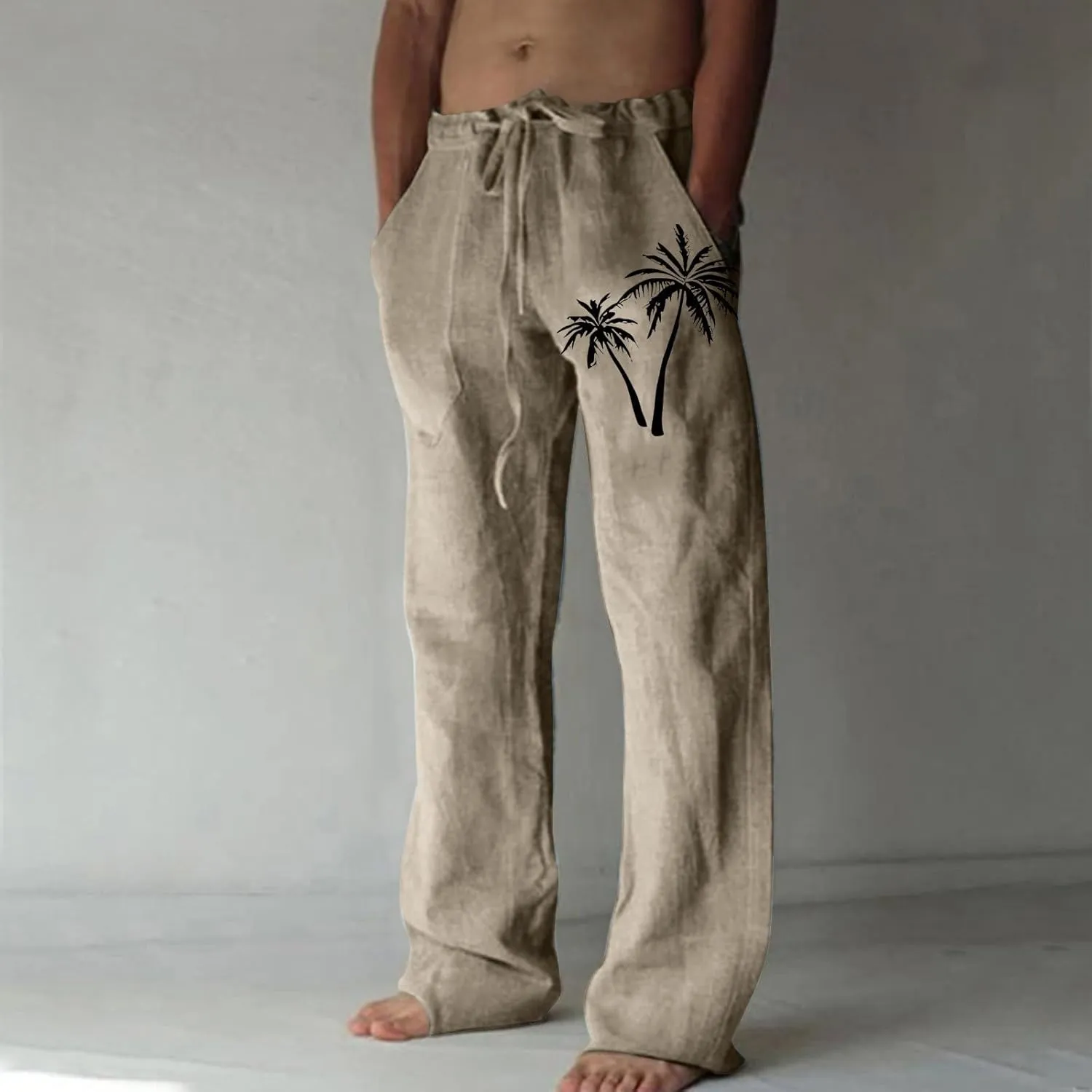 Mens Beach Linen Pants Coconut Tree Print Casual Loose Hawaiian Pants Baggy Lightweight Summer Trousers with Pockets