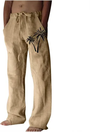Mens Beach Linen Pants Coconut Tree Print Casual Loose Hawaiian Pants Baggy Lightweight Summer Trousers with Pockets