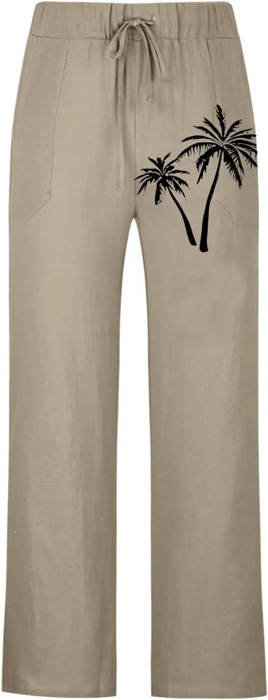 Mens Beach Linen Pants Coconut Tree Print Casual Loose Hawaiian Pants Baggy Lightweight Summer Trousers with Pockets
