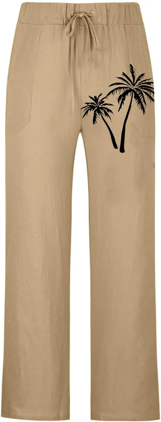 Mens Beach Linen Pants Coconut Tree Print Casual Loose Hawaiian Pants Baggy Lightweight Summer Trousers with Pockets