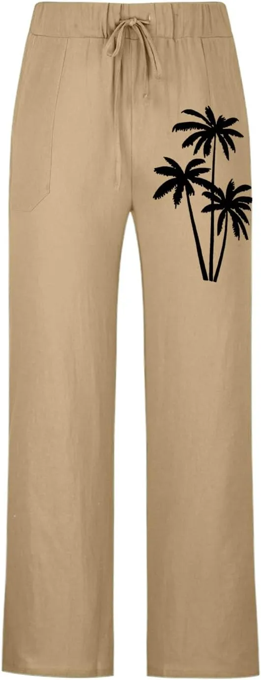 Mens Beach Linen Pants Coconut Tree Print Casual Loose Hawaiian Pants Baggy Lightweight Summer Trousers with Pockets