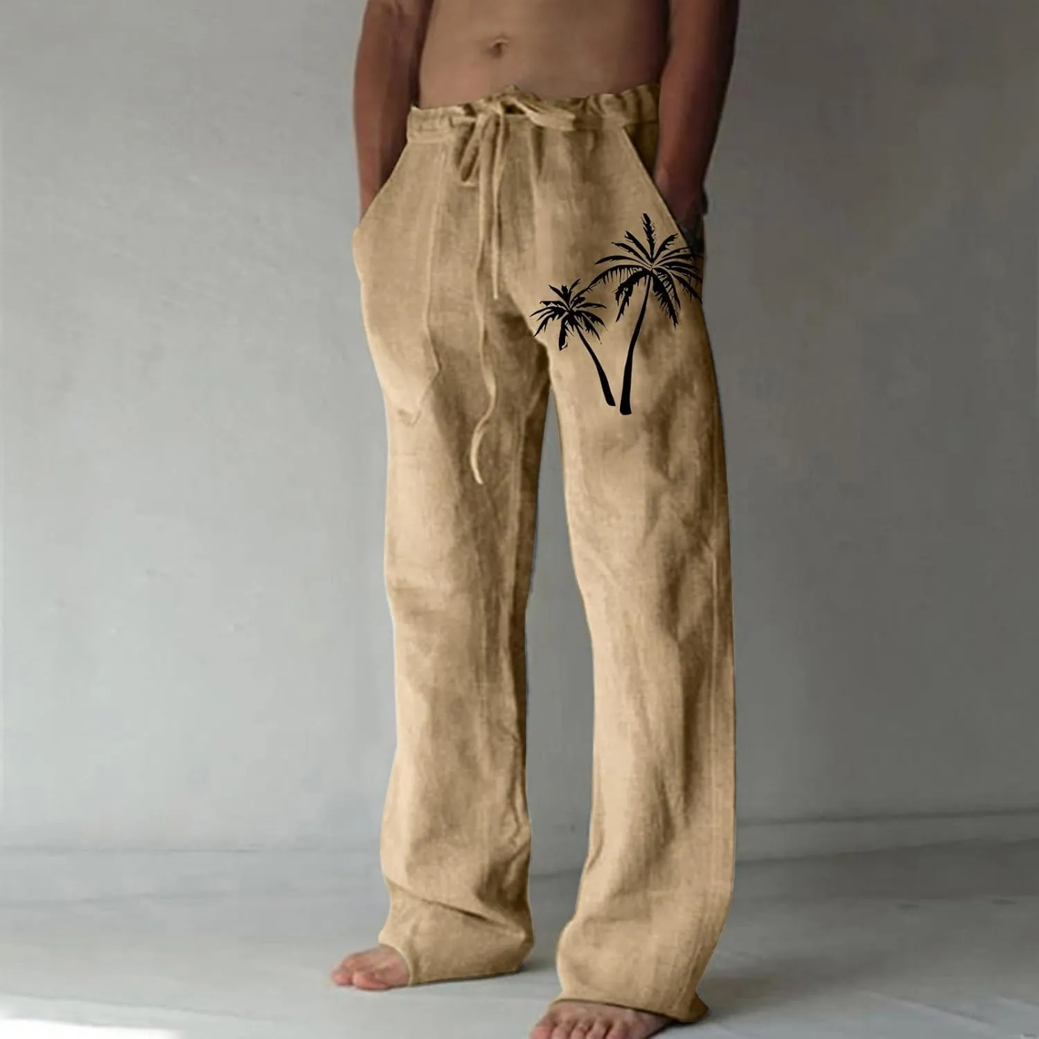 Mens Beach Linen Pants Coconut Tree Print Casual Loose Hawaiian Pants Baggy Lightweight Summer Trousers with Pockets