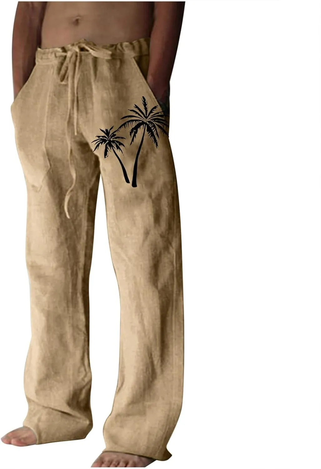 Mens Beach Linen Pants Coconut Tree Print Casual Loose Hawaiian Pants Baggy Lightweight Summer Trousers with Pockets