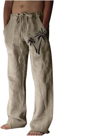 Mens Beach Linen Pants Coconut Tree Print Casual Loose Hawaiian Pants Baggy Lightweight Summer Trousers with Pockets