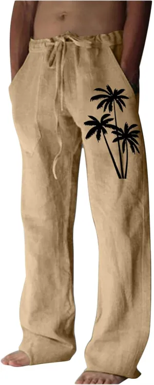 Mens Beach Linen Pants Coconut Tree Print Casual Loose Hawaiian Pants Baggy Lightweight Summer Trousers with Pockets